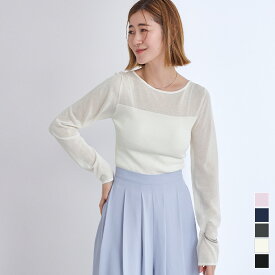 シアー切替ボートネックニット トップス レディース ニット 長袖 クルーネック シアー 薄手 シンプル カラバリ豊富【メール便可／90】