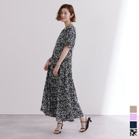 Vネックフィットアンドフレアワンピース ワンピース レディース ロング丈 フレア Vネック 半袖 花柄 無地 シンプル