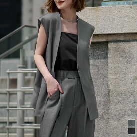 【店内全品20％OFFクーポン】11/11 1:59まで■ソフトツイルノーカラージレ アウター レディース ジレ ベスト ノースリーブ Vネック ボタン セットアップ シンプル レイヤード