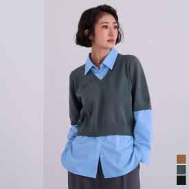 シャツドッキングハーフスリーブニット トップス レディース シャツ ニット ドッキング 長袖 プルオーバー シンプル