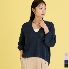 ミドルゲージディープVネックニット トップス レディース ニット 長袖 オーバーサイズ シアー レイヤード カジュアル シンプル 大人