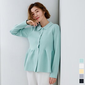 【クーポン利用で4392円】ウエストペプラムポロニットカーディガン トップス レディース カーディガン ニット フレア ペプラム 長袖 ボタン ポロトップス リブ シンプル