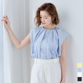 タックネックボリュームショルダートップス トップス レディース ブラウス シャツ ノースリーブ プルオーバー タック クルーネック シンプル【メール便可／100】