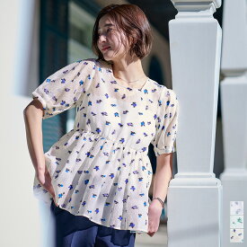 フラワーシアーパフブラウス トップス レディース ブラウス シアー 花柄 パフスリーブ ペプラム【メール便可／100】