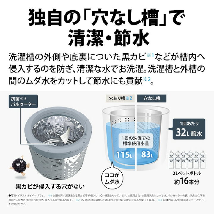 楽天市場】洗濯乾燥機 SHARP シャープ 8.0kg ホワイト ES-TX8K-W【/srm 