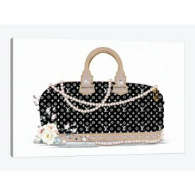 【送料無料+割引クーポン】 お洒落なオマージュアート Black And White Fashion Duffle Bag With Beige Pearls & Roses ヴィトン Vuitton キャンバスアート 絵画