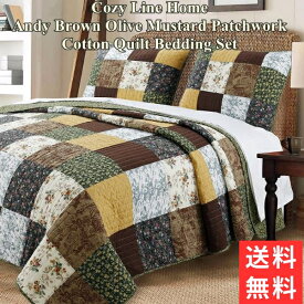 【送料無料+割引クーポン】 Cozy Line Home コージーライン ホーム Andy Brown Olive Mustardリバーシブルベッドキルトセット パッチワーク花柄ベッドカバー 寝具 布団カバー