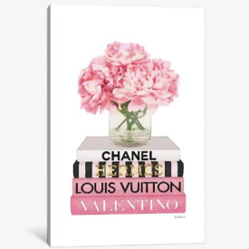 【送料無料+割引クーポン】 米国発のお洒落なブランドオマージュアート Short Pink Book Stack With Stripe, Peony In Vase ヴィトン Vuitton キャンバスアート 絵画 インテリア