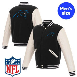 �y���������z NFL���� JH Design �����Y �A�E�^�[ �X�^�W���� �o�[�V�e�B�W���P�b�g �A���t�g �J�����C�i�E�p���T�[�Y Carolina Panthers Reversible Faux Leather Sleeves Varsity Jacket