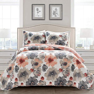�y���������z ���{�����׃u�����h Lush Decor ���b�V���E�f�R�[�� Leah Floral ���o�[�V�u���x�b�h�J�o�[�Z�b�g�iCoral & Gray�j �x�b�h�X�v���b�h �x�b�g�J�o�[ �z�c�J�o�[