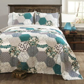 【送料無料+割引クーポン】 日本未入荷ブランド Lush Decor ラッシュ・デコール Briley Hexagon Patchwork Neutral リバーシブルベッドカバーセット（Turquoise） ベッドスプレッド