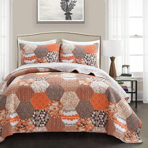 �y���������z ���{�����׃u�����h Lush Decor ���b�V���E�f�R�[�� Briley Hexagon Patchwork Neutral ���o�[�V�u���x�b�h�J�o�[�Z�b�g�iTangerine�j �x�b�h�X�v���b�h