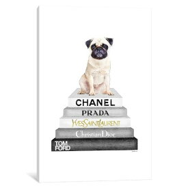 【送料無料+割引クーポン】 米国発のお洒落なオマージュアート Grey On Grey Bookstack Topped by Pug シャネル CHANEL キャンバスアート インテリア 絵画