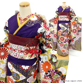 仕立て付き 正絹振袖単品 f-609-t 紫色 京友禅型染め 成人式 絹100％