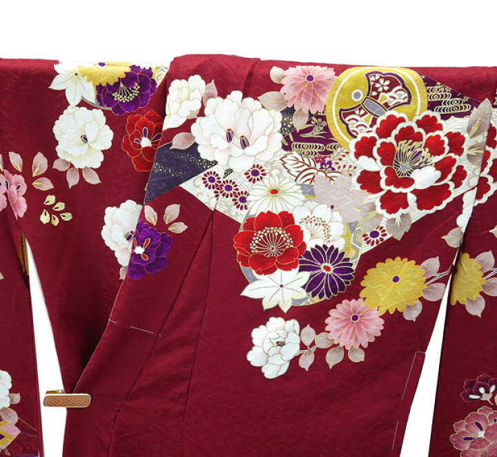 楽天市場】仕立て付き 正絹 振袖 f-008-t ワインレッド 菊 牡丹 刺繍入 