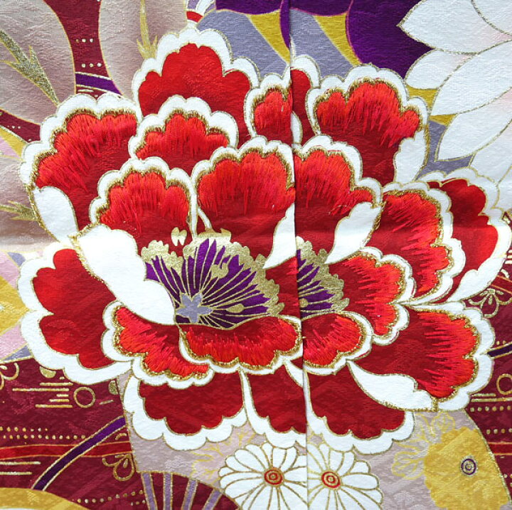 楽天市場】仕立て付き 正絹 振袖 f-008-t ワインレッド 菊 牡丹 刺繍入 