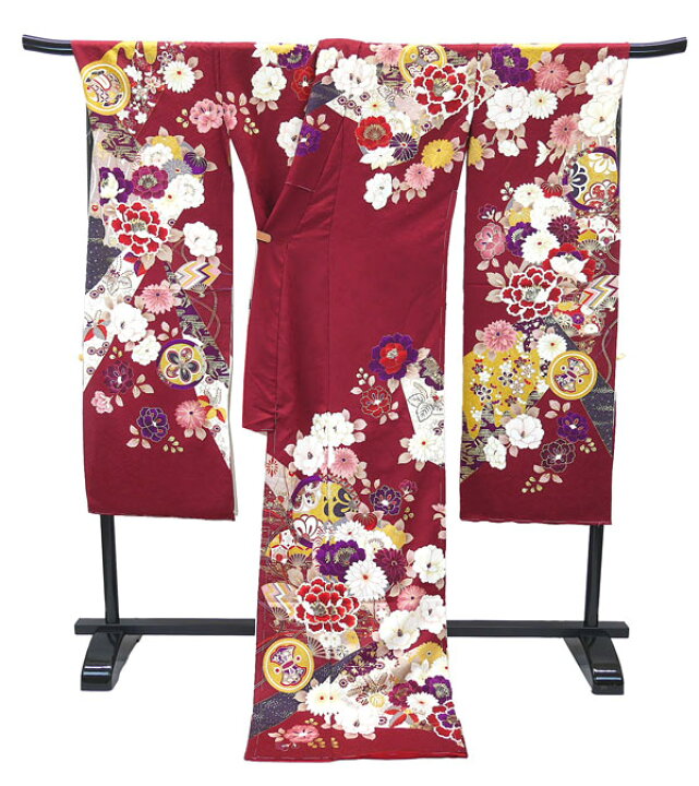 楽天市場】仕立て付き 正絹 振袖 f-008-t ワインレッド 菊 牡丹 刺繍入 