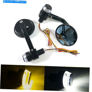 Mirror 7/8 �u���b�N�A���~�n���h���o�[�G���h�o�b�N�r���[�T�C�h�~���[LED�^�[���M�����C�g 7/8 Black Aluminium Handle Bar End Rearview Side Mirror LED Turn Signal Light�y���s�A���i�z