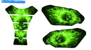 �^���N �I�[�g�o�C�^���N�p�b�h�T�C�h�Z�b�g3D�Q�������X�J���O���[���v���e�N�^�[�T�C�h�K�[�h Motorcycle Tank Pad Side Set 3D Gel Exploding Skull Green Protector Side Guard