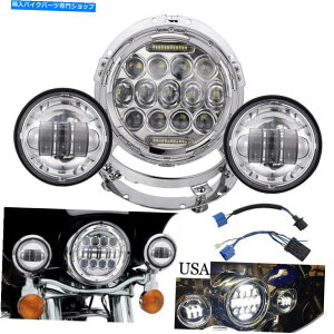 N[p[c 7 "Harley Suspail̂߂̏ƖCgnChrome LEDvWFN^[̃wbhCg 7" Chrome LED Projector Headlight Passing Lights Set For Harley Softail