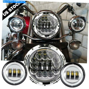 N[p[c 7 "Chrome LEDvWFN^[wbhCg+ 2x 4.5"n[[c[Ô߂̃Cgn 7" Chrome LED Projector Headlight + 2x 4.5" Passing Light For Harley Touring