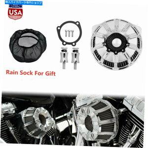 N[p[c XsN[GAN[i[ێtB^[w / rain\bNXtBbgn[[c[O00-07 Spin Chrome Air Cleaner Intake Filter w/ Rain Sock Fit For Harley Touring 00-07