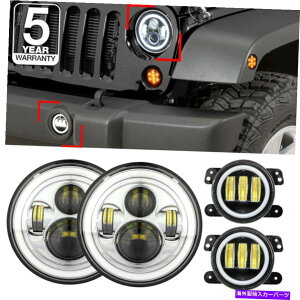 USwbhCg 4s[X7 "NLEDwbhCg+tHOCgDRL^[W[vO[JK̂߂̓Vg̖ 4PCS 7" Chrome LED Headlights+Fog Light DRL Turn Angel Eyes for Jeep Wrangler JK