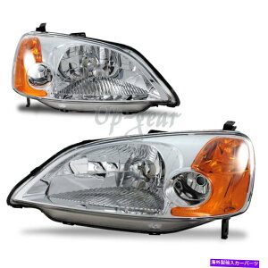 USwbhCg 01-03z_VrbNN[nEWONAYAo[tN^[wbhCgv For 01-03 Honda Civic Chrome Housing Clear Lens Amber Reflector Headlights Lamps