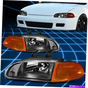 USwbhCg 92-95z_VrbN4PCSubNwbhCg+Ao[R[i[VOiv̌ For 92-95 Honda Civic 4Pcs Black Headlight+Amber Corner Signal Lamps Replacement