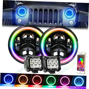 USwbhCg W[vEO[JK TJ LJ Halo RGB 7 '' LEDwbhCg+ 4 "X|bgCgR{Lbg For Jeep Wrangler JK TJ LJ Halo RGB 7'' LED Headlights +4" Spot Lights Combo Kit