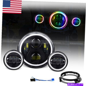 US�w�b�h���C�g 7�C���`RGB Halo LED�w�b�h�����O+ 4.5 "�I�[�g�o�C�p�t�H�O���C�g�p�b�V���O�R���{�L�b�g 7inch RGB Halo LED Headlignt + 4.5" Fog Lights Passing Combo Kit For Motorcycle