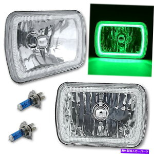 USヘッドライト 7x6 "プラズマグリーン穂軸LEDガラス/金属ヘッドライト60W H4電球ヘッドランプペア 7X6" Plasma Green COB LED Glass/Metal Headlight 60w H4 Light Bulb Headlamp Pair