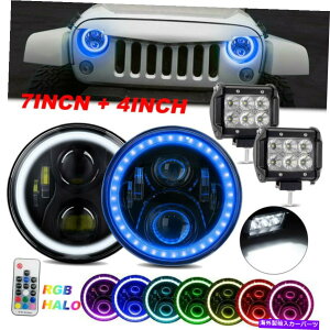 USwbhCg yARGB 7C`Halo LEDwbhCgW /[g+ 4 ''W[vgbNp^Cg Pair RGB 7Inch Halo LED Headlights w/Remote + 4'' Flood Lights For Jeep Truck