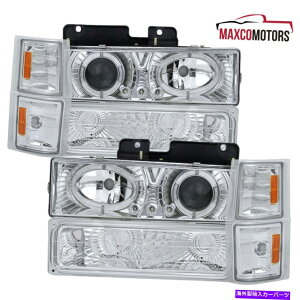 USヘッドライト 94-98 Chevy C10 C / K LED DRL Haloプロジェクターヘッドライト+コーナー+バンパーランプ用 For 94-98 Chevy C10 C/K LED DRL Halo Projector Headlights+ Corner+ Bumper Lamps