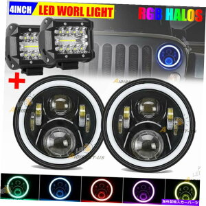 USwbhCg 2{7 '' LED RGBwbhCgDRL Halo Angel Eye Light + 4C`LED[NCgo[|bh 2X 7'' LED RGB Headlights DRL Halo Angel Eye Light + 4" LED Work Light Bar Pods