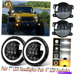 USwbhCg 7un[GWFACLEDwbhCg+ 4vLEDtHOvtBbgW[vO[JKmK[h 7" Halo Angel eye LED Headlights+4" LED Fog Lights fit Jeep Wrangler JK Renegade
