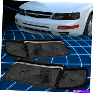 USwbhCg 97-99Y}LV}X[NnEWOwbhCg+NAR[i[^[Mv For 97-99 Nissan Maxima Smoked Housing Headlight+Clear Corner Turn Signal Lamps