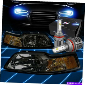 USヘッドライト フィット1999-2004フォードマスタングユーロシグナルヘッドライトランプW / LEDキット+クールファンスモーク Fit 1999-2004 Ford Mustang Euro Signal Headlight Lamp W/LED Kit+Cool Fan Smoked