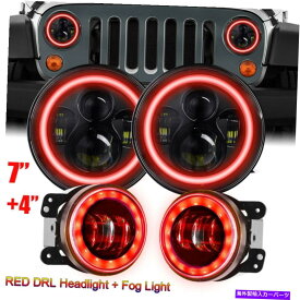 USヘッドライト 7 "LED RED HALO DRLヘッドライト+ 4"ジープラングラーJK TJ用フォグライトコンボキット 7" LED Red Halo DRL Headlight + 4" Fog Light Combo kit For Jeep Wrangler JK TJ