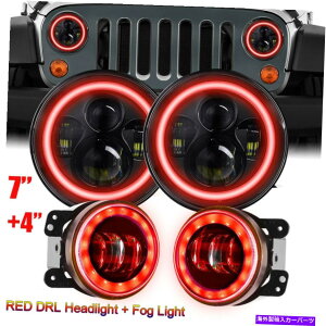 US�w�b�h���C�g 7 LED RED HALO DRL�w�b�h���C�g+ 4�W�[�v�����O���[JK TJ�p�t�H�O���C�g�R���{�L�b�g 7 LED Red Halo DRL Headlight + 4 Fog Light Combo kit For Jeep Wrangler JK TJ�y���s�A���i�z