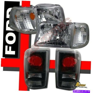 US�w�b�h���C�g 1993-1997�t�H�[�h�����W���[�N���[���w�b�h���C�g�R�[�i�[+�e�[�����C�g�u���b�NRH + LH 1993-1997 Ford Ranger Chrome Headlights Corner + Tail Lights Black RH + LH