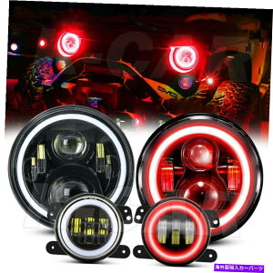USwbhCg 7 "vWFN^[LED HalowbhCg4" JK TJ LĴ߂̃tHOvDRLR{Lbg 7" Projector RED LED Halo Headlights 4" Fog Lights DRL Combo Kit For JK TJ LJ