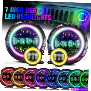 US�w�b�h���C�g 7 '' RGB Chasing Halo LED�w�b�h���C�g�t�H�O���C�g�R���{�L�b�g�W�[�v�����O���[JK JKU 7'' RGB Chasing Halo LED Headlights Fog Light Combo Kit for Jeep Wrangler JK JKU�y���s�A���i�z