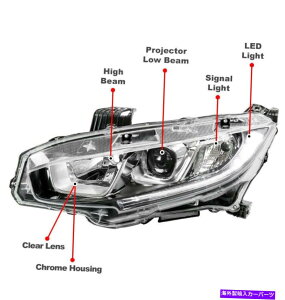 USwbhCg 16-20z_VrbNLED`[unQvWFN^[wbhCgNhCo[LH For 16-20 Honda Civic LED Tube Halogen Projector Headlight Chrome Driver Left LH