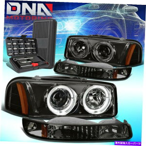 USwbhCg 1999N2006NSierra LED HaloX[NvWFN^[wbhCgW /op[v+c[ FOR 1999-2006 SIERRA LED HALO SMOKED PROJECTOR HEADLIGHTS W/BUMPER LAMPS+TOOLS