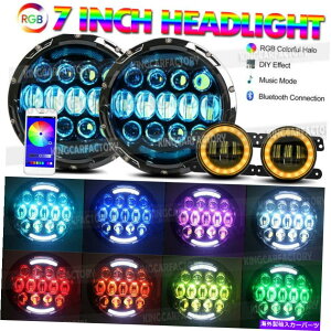 USwbhCg Jeep Trangler JK TJ LĴ߂App 7 '' '4' 'RGB LEDwbhCgAo[tHODRLCg APP 7'' & 4'' RGB LED Headlights Amber Fog DRL Lights For Jeep Wrangler JK TJ LJ