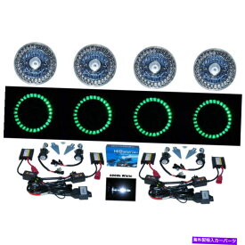 USヘッドライト 5-3 / 4緑色LEDハローエンジェルアイスポーツのヘッドライトH4 6000K HID電球セット 5-3/4 Green LED Halo Angel Eyes Projector Headlight H4 6000K HID Light Bulbs Set