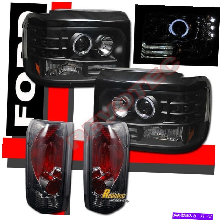 USヘッドライト 92-96フォードF150 Bronco Halo LEDブラックプロジェクターヘッドライト＆テールライトスモーク 92-96 Ford F150 Bronco Halo LED Black Projector Headlights  Tail Lights Smoke
