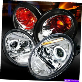 USテールライト フィット98-05カブトムシChrome Halo LEDプロジェクターヘッドライト+ブラックテールランプ Fit 98-05 Beetle Chrome Halo LED Projector Headlights+Black Tail Lamps