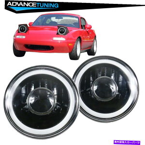 N[Jo[ 7 "EhubNNH4 SMD LEDn[KXwbhCgwbhvϊ2PC 7" Round Black Chrome H4 SMD LED Halo Glass Headlight Head Lamps Conversion 2PC